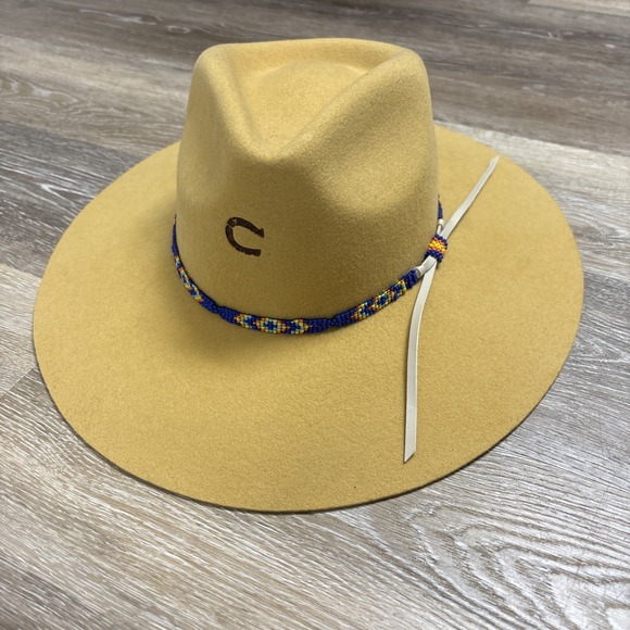 Charlie 1 Horse Gypsy Felt Hat In Rare Mustard Color Size Small Beaded Blue Band